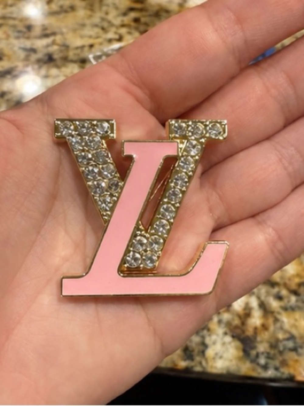 Pink & Gold-Tone Rhinestone Monogram-Style Brooch – Statement Pin - Picture 2 of 5